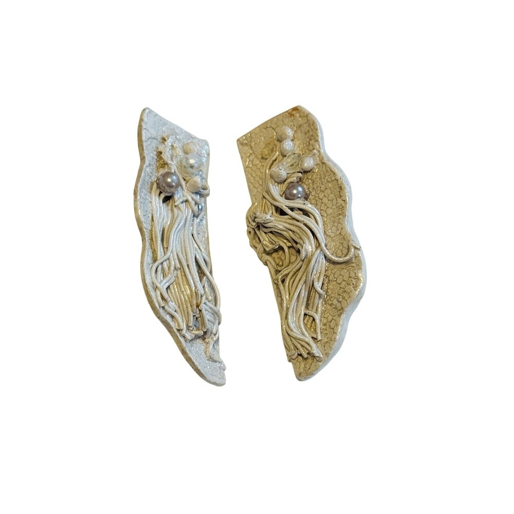 VTG Earrings statement drop Clip Ceramic Abstract White Pearl Textured Brutalist